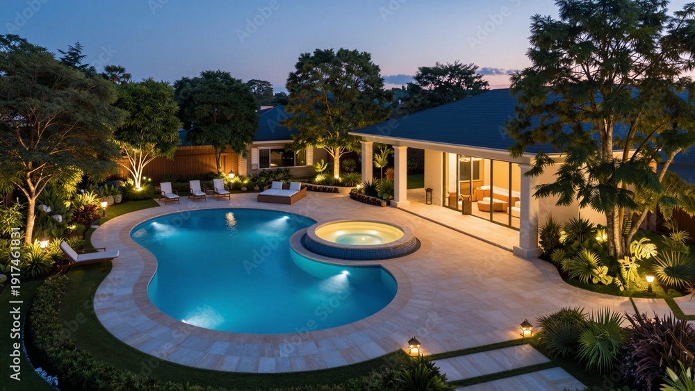 Fototapeta premium A luxurious backyard featuring a curved swimming pool and an illuminated hot tub surrounded by lush greenery, with soft focus on the evening scene.