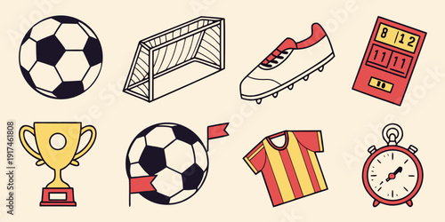 Assorted sports equipment and symbols displayed in a row