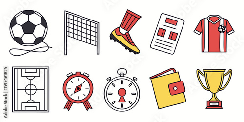 A colorful illustration of various sports equipment and symbols.