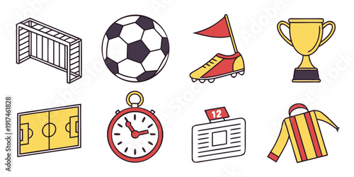 A collection of various sports and activity icons, including a soccer ball, trophy, and more.