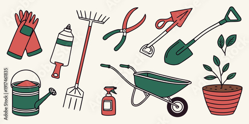 Assorted gardening tools arranged in a circle on a white background