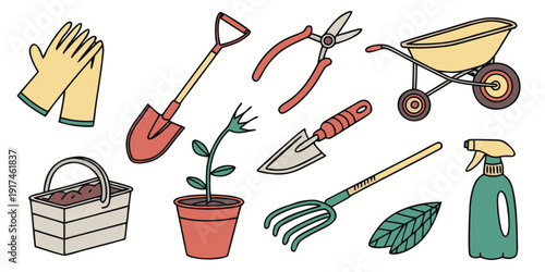Assorted gardening tools and supplies arranged in a row.