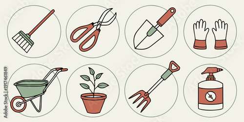 Assorted gardening tools and equipment for planting and maintenance