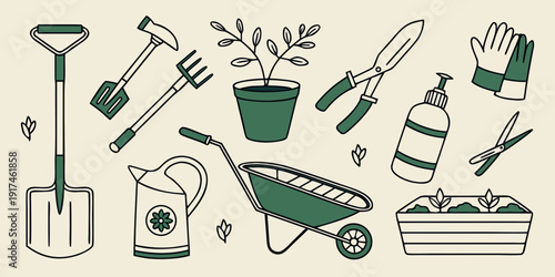 Assorted gardening tools laid out for a day of outdoor work.