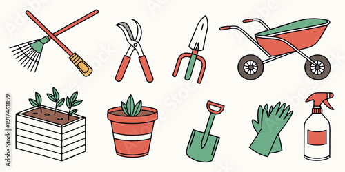 Assorted gardening tools and equipment arranged neatly on a white background