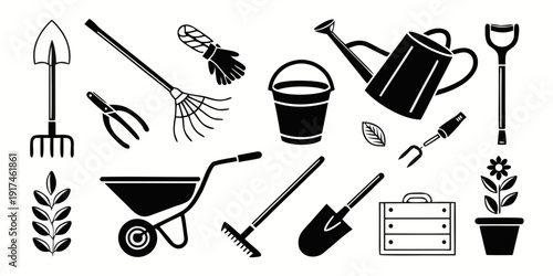 Assorted gardening tools and equipment for plant care and maintenance