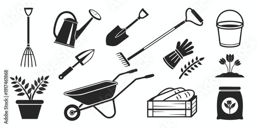 Assorted gardening tools and supplies arranged in a circular pattern.