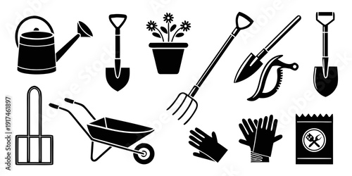 A variety of gardening tools and equipment for plant care and maintenance