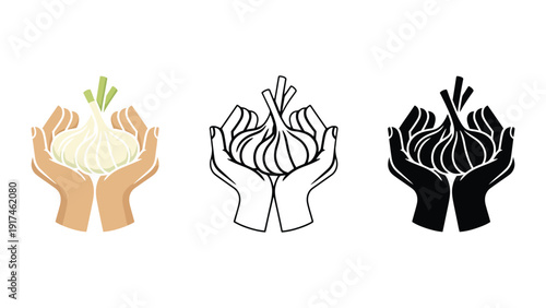 Hands holding a bulb of garlic in three different styles.