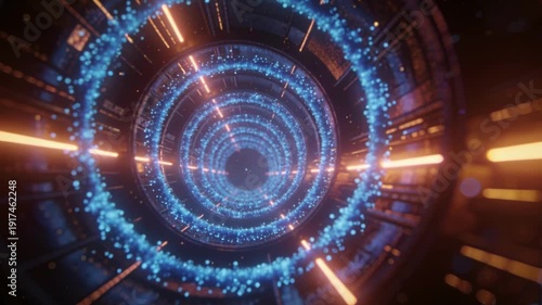 Vibrant modern blue particle abstract circle tunnel energetic futuristic dynamic portal cosmic travel orange light streak digital technology wonder