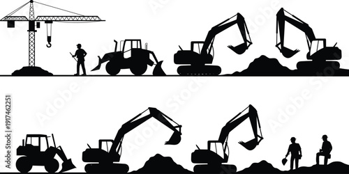 Construction silhouettes, tower crane, excavator clipart, front loader, worker icon, building site vector, machinery design, industrial illustration, labor graphic, equipment symbol