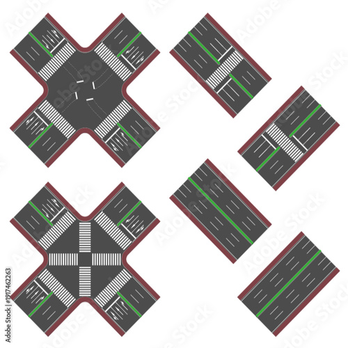 アイソメトリックで表現した交差点と直線路。片側3車線、歩道あり。
