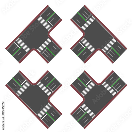 アイソメトリックで表現した三叉路。片側3車線、歩道あり、道路・交差点。