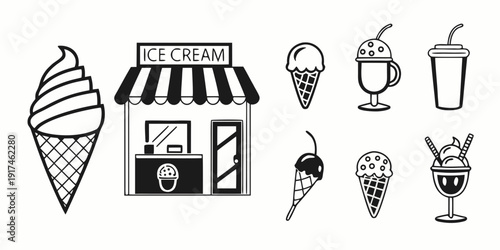 Assorted ice cream treats and a small ice cream shop