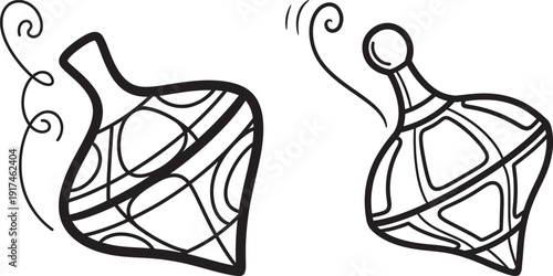 Stylized Spinning Tops with Decorative Patterns and Motion Lines - Classic Toy Vector Illustration