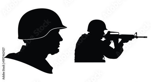 Soldiers in profile one aiming a rifle stark black silhouette