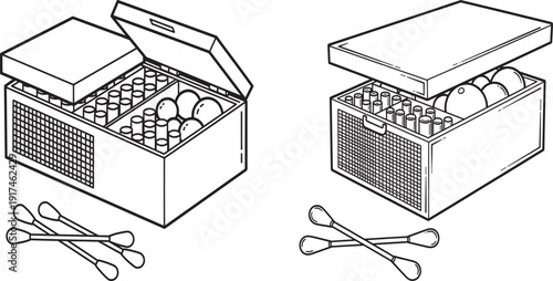 Isometric Storage Box with Cotton Swabs and Contents - Organizer Container Vector Illustration