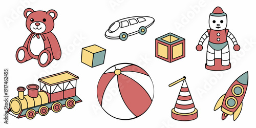 A delightful assortment of children's toys arranged in a playful manner.