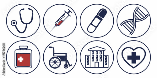 Icons representing various aspects of healthcare and medical services.