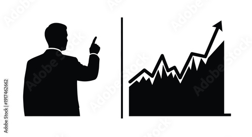 Business growth concept with a man pointing at a rising graph silhouette
