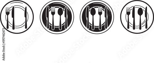 Set of four minimalist icons representing place settings with fork, knife, and spoon on a plate.