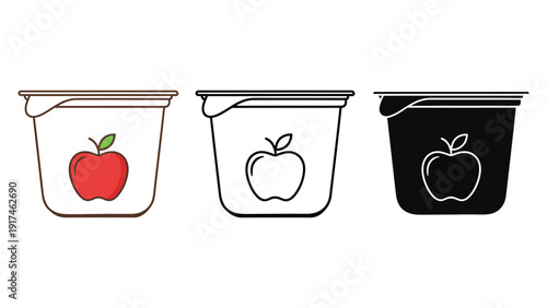 Three containers with apple illustrations, one in color, one outlined, and one in black.