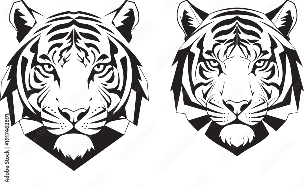 Fototapeta premium Two geometric tiger heads in black and white, powerful and fierce predator designs