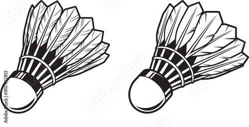 Two detailed black and white vector illustrations of badminton shuttlecocks, iconic sports equipment