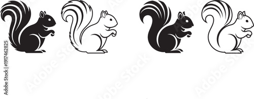 Two pairs of stylized squirrels, one in black silhouette and one outline, showing quick and alert woodland creatures