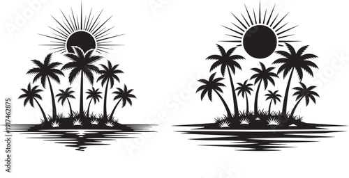 Silhouettes of palm trees on islands with sunbursts over calm water, a tropical paradise scene