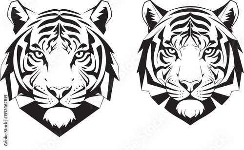 Two geometric tiger heads in black and white, powerful and fierce predator designs