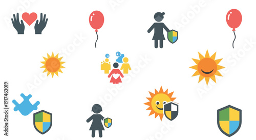 A collection of colorful icons representing protection, family, health, and happiness, including shields, suns, balloons, and hands holding a heart.