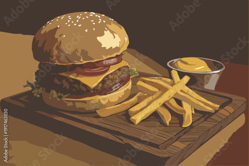 Deliciously illustrated gourmet cheeseburger piled high with fresh ingredients served alongside crispy golden french fries and a side of dipping sauce on dark wood