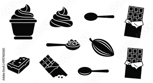 A collection of black and white icons representing various chocolate-themed food items and ingredients, including cupcakes, spoons, cocoa beans, and chocolate bars.