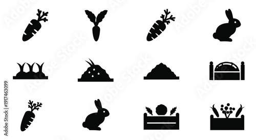 Collection of black and white icons representing carrots, rabbits, and farming elements like soil and crates.