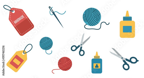 A collection of crafting supplies including yarn balls, needles, scissors, glue bottles, and handmade tags, all isolated on a white background.