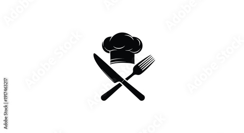 Chef s hat knife and fork crossed in a dark design silhouette