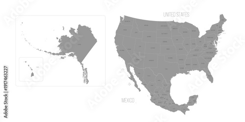 This map outlines the political states of the USA and Mexico. Each state is marked with its name, including Alaska and Hawaii. The focus is on regional boundaries and political divisions.