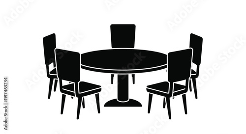 A round dining table with chairs in a dark bold silhouette