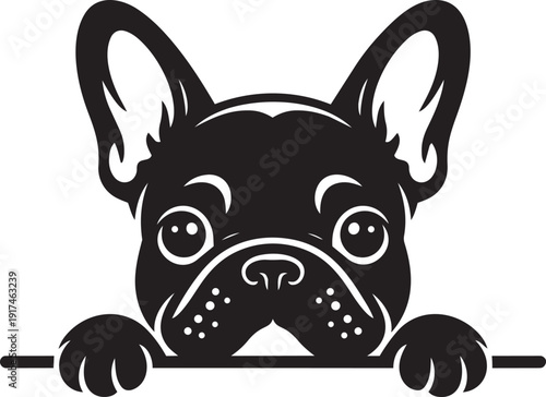 Adorable French Bulldog in pure black silhouette style, peeking over a horizontal bar with its front paws silhouette black vector