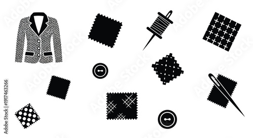 A collection of sewing and tailoring related icons including a blazer, fabric swatches, buttons, and needles with thread.