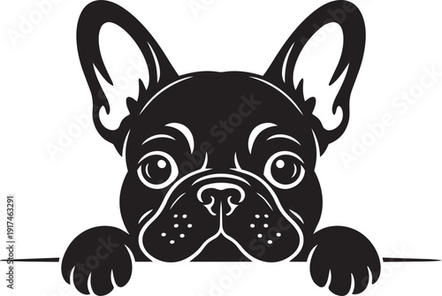 Adorable French Bulldog in pure black silhouette style, peeking over a horizontal bar with its front paws silhouette black vector