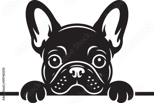 Adorable French Bulldog in pure black silhouette style, peeking over a horizontal bar with its front paws silhouette black vector