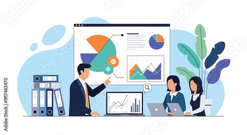 Business presentation with charts and graphs, team collaboration in meeting room.
