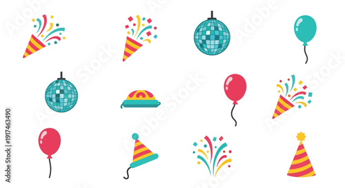 A vibrant collection of party elements including balloons, confetti poppers, disco balls, and party hats, perfect for celebrations.