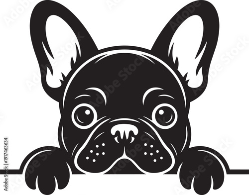 Adorable French Bulldog in pure black silhouette style, peeking over a horizontal bar with its front paws silhouette black vector