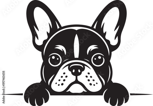 Adorable French Bulldog in pure black silhouette style, peeking over a horizontal bar with its front paws silhouette black vector