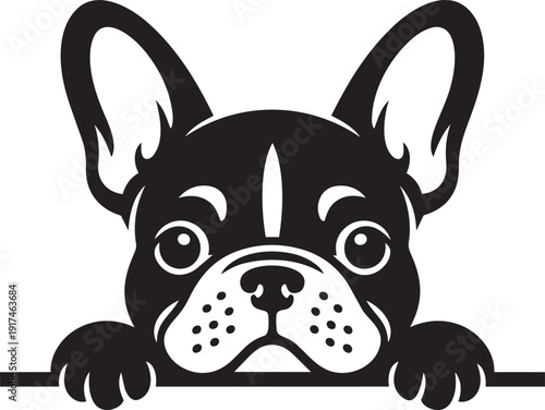 Adorable French Bulldog in pure black silhouette style, peeking over a horizontal bar with its front paws silhouette black vector