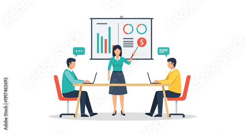 Vector illustration of business team in meeting with presentation, laptops, and graphs on screen.