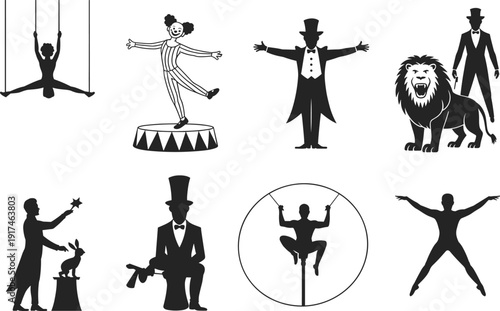Circus performer silhouette illustration collection, entertainment act graphic set, clown and ringmaster motif, acrobat design art, magician icon, carnival concept